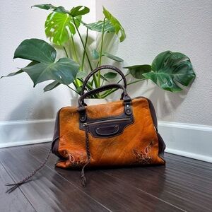 Francesco Biasia Distressed Leather Balenciaga-Like Bag Embroidered Top Handle